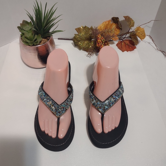Yellow Box Shoes - Women's Black and Blue Beaded Sandals